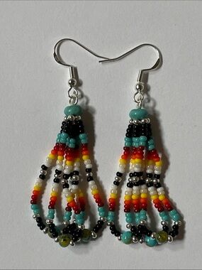 Handmade Beaded Loop Earrings Turquoise, Sterling, Red & Black